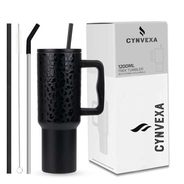 Tumbler with lid and Straw 1200ML Cup Stainless Steel Vacuum Insulated Tumbler for Water, Iced Tea or Coffee 1.2L Office Gym Travelling (40-Oz-Leapard Black)