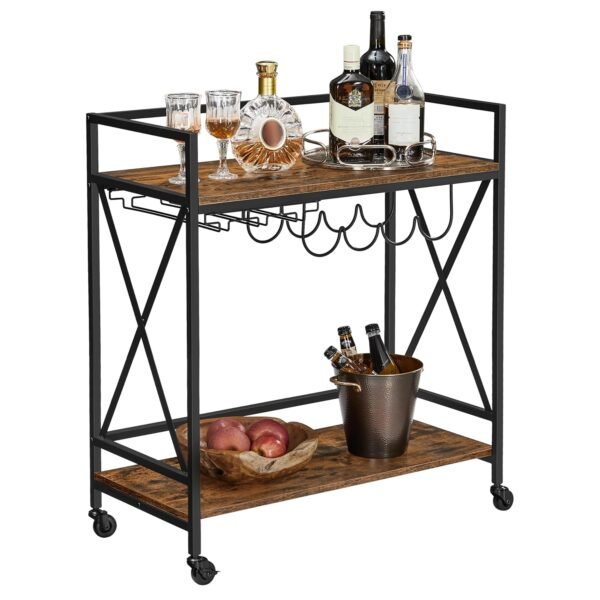 VASAGLE Bar Cart, Serving Cart, Mobile Kitchen Shelf with Glass Stemware Rack and Wine Bottle Holders, Industrial, Rustic Brown and Black ULRC088B01