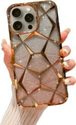 VONZEE Compatible with iPhone 15 Pro Max Gradient Glitter Case, Luxury Electroplated 3D Cube, Diamond Bling Shiny Soft TPU Clear Shockproof Case Women Girls Protective Phone Cover (Gold)
