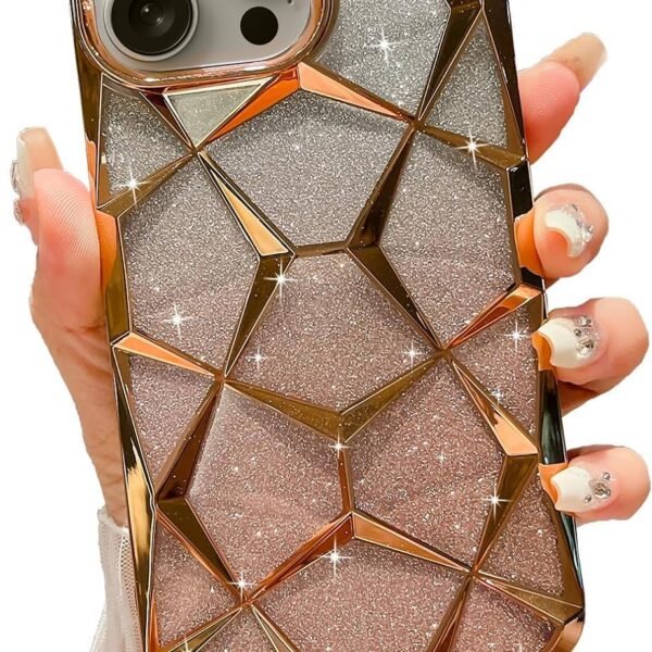 VONZEE Compatible with iPhone 15 Pro Max Gradient Glitter Case, Luxury Electroplated 3D Cube, Diamond Bling Shiny Soft TPU Clear Shockproof Case Women Girls Protective Phone Cover (Gold)