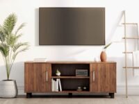 Wakefit TV Unit | 1 Year Warranty | TV Stand Table, TV Unit for Living Room, TV Cabinet, Cabinet Engineered Wood Cabinet with 2 Door & Open Shelf Storage Upto 42'' (Fortnite, Brown)