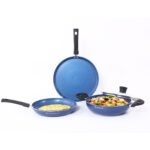 Wonderchef Valencia Non-Stick Cookware 4 Piece Set | Kadhai with Lid 24 cm, Fry Pan 24 cm, Dosa Tawa 28 cm | Cool Touch Bakelite Handles | Pure Grade Aluminium| PFOA Free| 2 Years Warranty | Blue