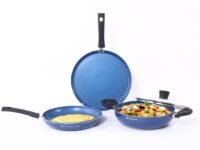 Wonderchef Valencia Non-Stick Cookware 4 Piece Set | Kadhai with Lid 24 cm, Fry Pan 24 cm, Dosa Tawa 28 cm | Cool Touch Bakelite Handles | Pure Grade Aluminium| PFOA Free| 2 Years Warranty | Blue