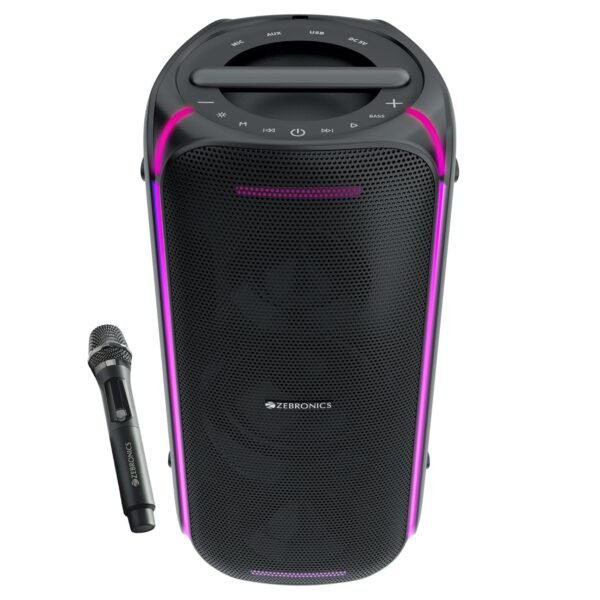 Zebronics Portable Bluetooth Speaker, 90W, Upto 6 Hours Playback, Dual Full-Range Drivers, Karaoke, TWS, BT v5.3, USB, AUX, RGB, Deep Bass, Wireless Mic with Display, Type-C Charge (Party Fyre 100)