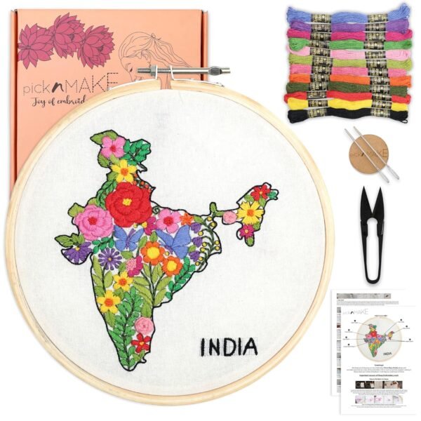 picknMAKE Map of India Floral DIY Hand Embroidery Kit for Beginners & Adults | 8 Inch Hoop | Complete Art & Craft Embroidery Practice Kit with Pre-Printed Fabric, Threads, Needles & Tools
