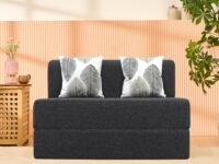 uberlyfe 2 Seater Sofa Cum Bed | 1 Year Warranty | Twin Mattress, Foldable Sofacum Bed | 15" Sofa Height |2 Cushions Threadbare Pattern | Jute Finish Fabric, Dark Grey | 4' X 6' Feet