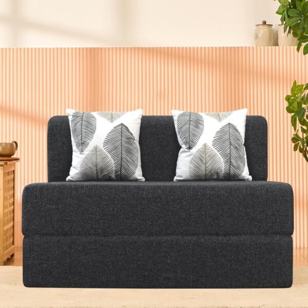 uberlyfe 2 Seater Sofa Cum Bed | 1 Year Warranty | Twin Mattress, Foldable Sofacum Bed | 15" Sofa Height |2 Cushions Threadbare Pattern | Jute Finish Fabric, Dark Grey | 4' X 6' Feet