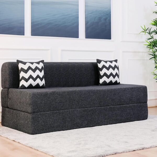 uberlyfe 3 Seater Sofa Cum Bed | 1 Year Warranty | Foldable Sofacum Bed | 15" Sofa Height| 2 Cushions Zigzag Pattern |Jute Finish Fabric, Dark Grey | 6' X 6' Feet