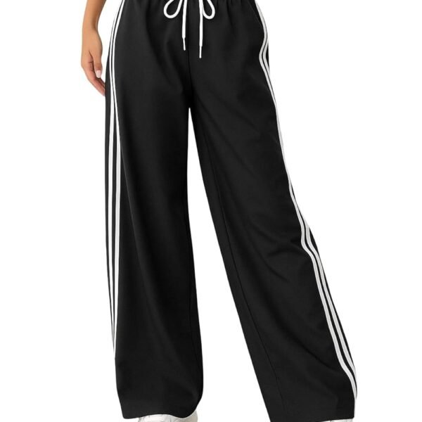SAKHWALA Women Track Pant | Women's Wide Leg Track Pants High Waist Drawstring Sweatpants with Side Stripes, Casual Loose Fit Lounge Joggers, Dark Grey