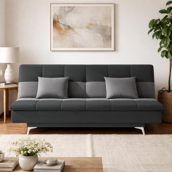 Adorn India Premium New Aspen 3 Seater Sofa Cum Bed 4X6 Velvet Suede with 2 Cushions (Color Dark Grey & Grey) and Suitable for All Indoor, with 3 Years Warranty