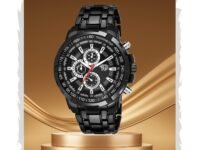 SWADESI STUFF Men's Chronograph Watch, 50mm Black Stainless Steel Band, Rose Gold Accents, Quartz Movement