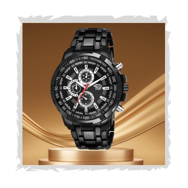 SWADESI STUFF Men's Chronograph Watch, 50mm Black Stainless Steel Band, Rose Gold Accents, Quartz Movement