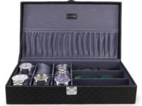 ALAWO Watch Box Organizer and Sunglasses Case Holder with 6 Slots for Watches and 3 Slots for Sunglasses Black & Gray color