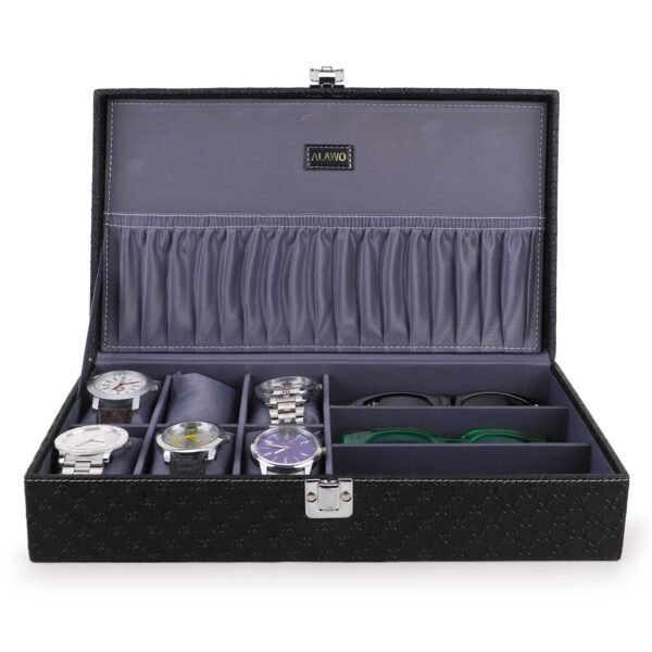 ALAWO Watch Box Organizer and Sunglasses Case Holder with 6 Slots for Watches and 3 Slots for Sunglasses Black & Gray color