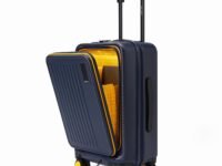 MOKOBARA Transit Cabin Pro Luggage Trolley Bag-56cm(40L),Polycarbonate Hardshell,Front Tech Compartment Fits 15.6" Laptop,TSA Lock,8 Silent Wheels,for 3-5 Days Trip,Blue&Yellow(We Meet Again Sunray)
