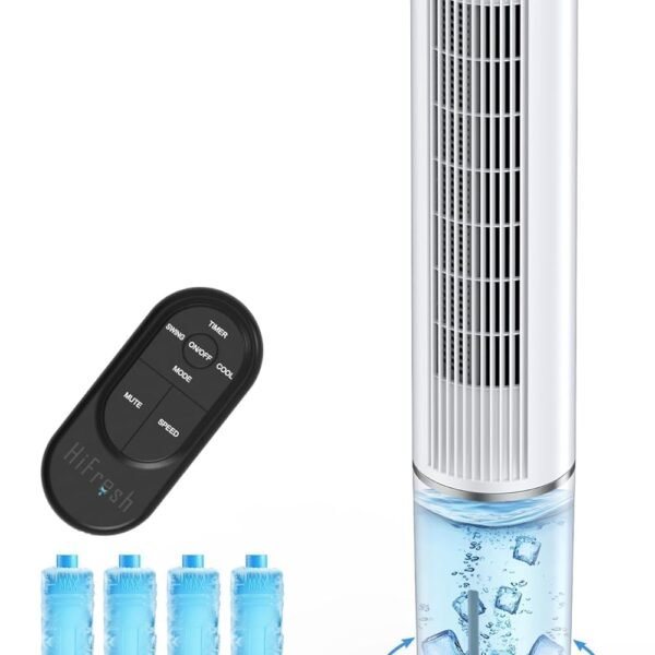 HIFRESH 107CM Tower Fan for Room w/Cooling Function, Bladeless Tower Fans for Home, Remote & Touch, 4 Modes & 3 Speeds, 26Ft Air Throw, 12H Timer, 4 Ice Packs, Auto Rotation, Low Power Consumption