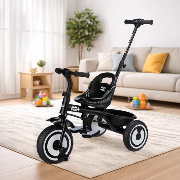 Amazon Brand - Jam & Honey Tricycle for Kids | Seatblet, Parental Handle, & Storage Basket | ISI & BIS-Compliant | for Boys and Girls 2 to 4 Years | 73 x 46 x 90 cm | Black