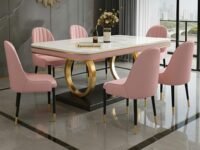 6-Seater Dining Table with Nano Composite Marble Top and PVC Golden Wooden Base |2yr Warranty - Includes 6 Fabric Upholstered Chairs (Pink, White Marble Top)
