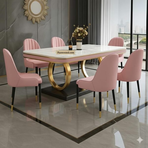 6-Seater Dining Table with Nano Composite Marble Top and PVC Golden Wooden Base |2yr Warranty - Includes 6 Fabric Upholstered Chairs (Pink, White Marble Top)