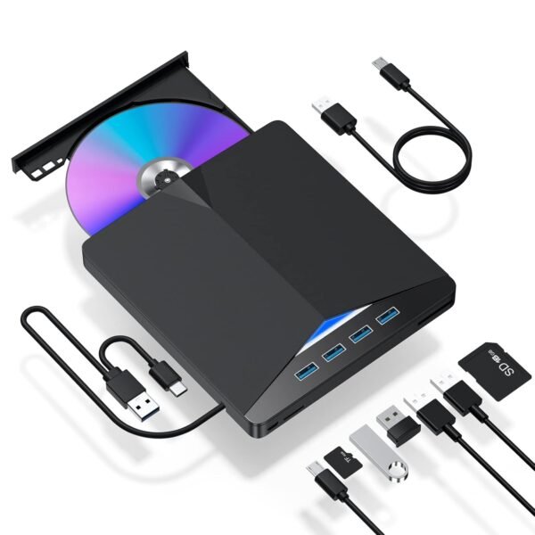 7 in 1 USB 3.0 External CD/DVD Drive for Laptop - Portable Burner and Player Compatible with Desktop PC Windows 11/10/8/7 Linux Mac OS (Jet Black)