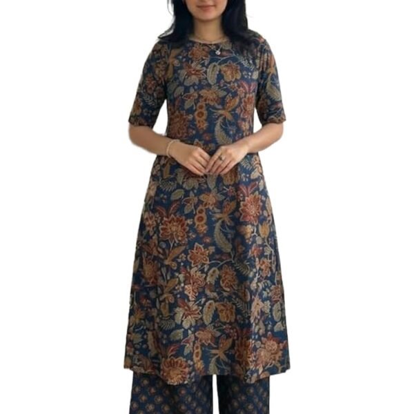 ANNI Designer Women's Viscose Blend Straight Printed Kurta with Palazzo | Elbow Length Sleeve Kurti Set | Close Neck with Back Slit | Soft Comfortable Fabric | 2 Piece Outfit