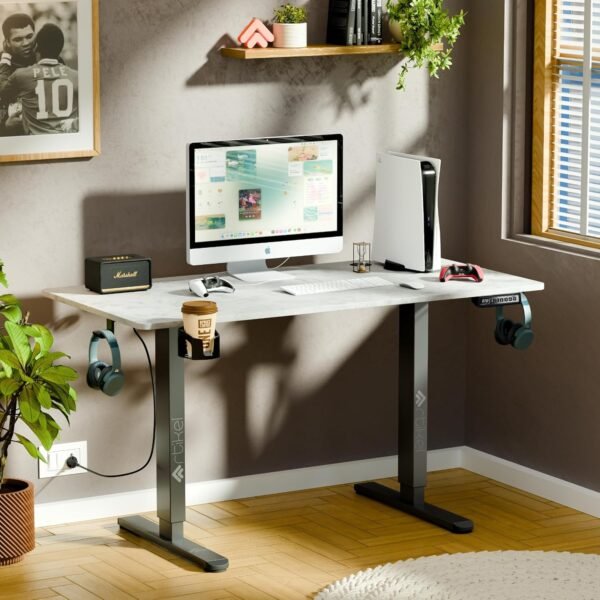 ARTIKEL Artidesk Eco Electric Height Adjustable Table for Office Work & Home-Sit Stand Gaming Desk 80kg Load, Cup Holder, 2 Hooks,Cable Organizer 2Split Tabletop (Rock, 100x60 CM)
