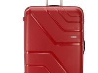 American Tourister Polypropylene 4 Wheels Trolley Bag for Travel | Upland Spinner 55 Cms Hardsided Small Cabin Luggage Bag | Suitcase for Travel | Trolley Bag for Travelling, Formula Red