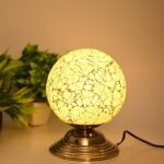 Artisanal Metal Table Lamp with Hand Decorated Glass Shade A Stylish Home Decor Accent, Pack of 1, 15 X 15 X 21.5 Cm.