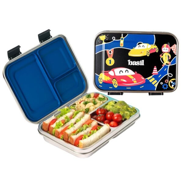 Basil Bento Neo Classic 2025 – New & Improved, 1000ml 3-Compartment Stainless Steel Lunch Box for Adults, Teens & Kids | Leak-Proof & Easy to Open Tiffin for Office, School, College - Black Car