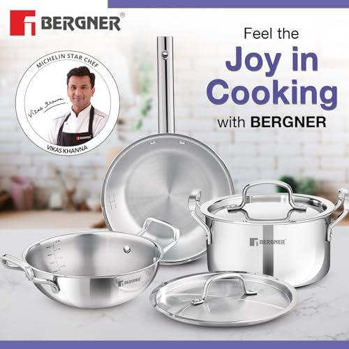 Bergner TriPro 5 Pcs TriPly Stainless Steel Cookware Set of 24cm (3L) Kadai with Lid, 28cm (7L) Casserole with Lid/Biryani Pot, 22cm (1.5L) Frypan, Less Oil Use, Healthy Cooking - Induction Bottom