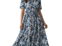 Bollyclues Women’s Crepe Fabric Printed Maxi Dress for Women| Lightweight, Breathable & Flowy | Short Sleeve Button-Down Casual Dress with Waist Tie | Stylish Summer & Vacation Wear
