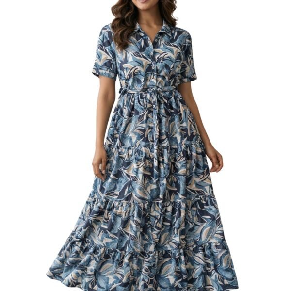 Bollyclues Women’s Crepe Fabric Printed Maxi Dress for Women| Lightweight, Breathable & Flowy | Short Sleeve Button-Down Casual Dress with Waist Tie | Stylish Summer & Vacation Wear