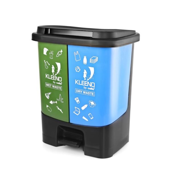 CELLO Duo 2-in-1 Pedal Dustbin (35 L), Green & Blue | Wet & Dry Waste Segregation with Lid and Detactable Plastic Bin | For Home, Kitchen, Office, Garden
