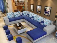 Casaliving Ronaldo 8 Seater LHS Corner Sofa Set Living Room (Blue & Light Grey Fabric)