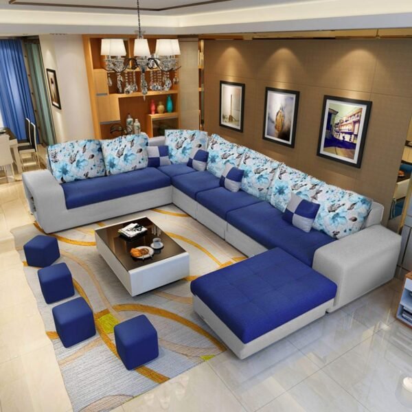 Casaliving Ronaldo 8 Seater LHS Corner Sofa Set Living Room (Blue & Light Grey Fabric)