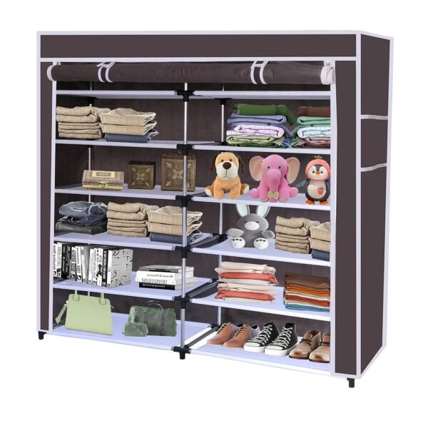 Collapsible Portable Foldable Wardrobe Storage Shelves Organizer for Clothes Racks Fabric Almirah Non Rustable Iron (12 Layer, Brown) Storage Unit