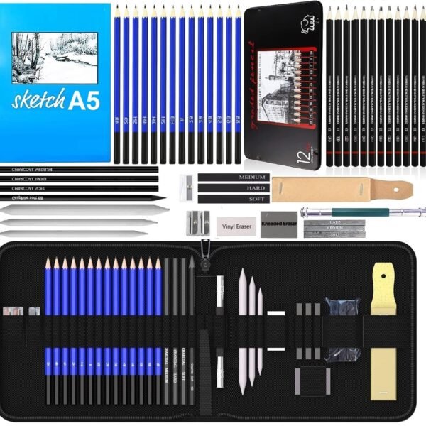 Corslet 47 Pieces Pencil Kit Professional Graphite Charcoal Sketch Kit Drawing Pencils and Sketching Kit for Artist Painting Shading Sketch Book with Zipper Carry Bag Drawing Kit