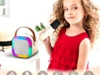 Cream Portable Bluetooth Speaker with Wireless Mic, RGB LED Party Light, Heavy Bass Karaoke Speaker, Rechargeable Battery, Portable Handle, Wireless Mic for Kids & Adults, Home & Outdoor Party