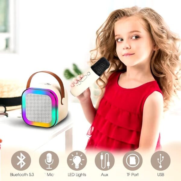 Cream Portable Bluetooth Speaker with Wireless Mic, RGB LED Party Light, Heavy Bass Karaoke Speaker, Rechargeable Battery, Portable Handle, Wireless Mic for Kids & Adults, Home & Outdoor Party