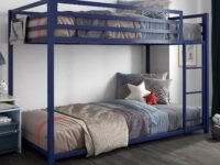 DHP Furniture Miles Low Metal Bunk Bed Frame for Kids, With Built-in Ladder, High Guardrail and Metal Slats, Floor Bed Bottom Bunk, No Boxspring Required, For Small Spaces, Twin-Over-Twin, Blue