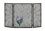 Deco 79 Metal Fireplace Screen 48 by 32-Inch | Stylish spark protection, mesh fireplace screens with peacock design, folding fireplace screens, crystal accents