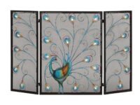 Deco 79 Metal Fireplace Screen 48 by 32-Inch | Stylish spark protection, mesh fireplace screens with peacock design, folding fireplace screens, crystal accents