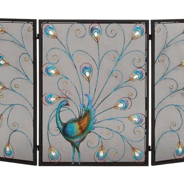 Deco 79 Metal Fireplace Screen 48 by 32-Inch | Stylish spark protection, mesh fireplace screens with peacock design, folding fireplace screens, crystal accents