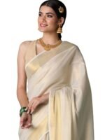 DhevStylish Women's Kerala Kasavu Golden Tissue Plain South Indian Saree with Running Blouse | Saree length: 6.25 Meters | Onam & Wedding saree collections