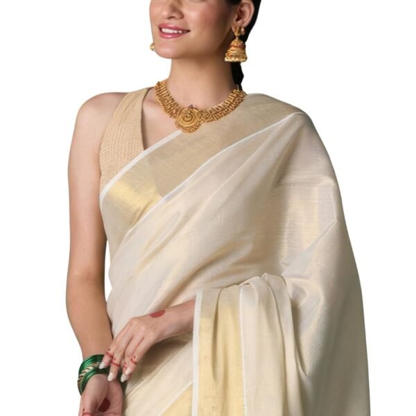 DhevStylish Women's Kerala Kasavu Golden Tissue Plain South Indian Saree with Running Blouse | Saree length: 6.25 Meters | Onam & Wedding saree collections