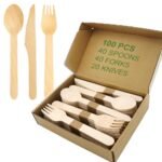Disposable Wooden Cutlery Set - Alternative to Plastic, Eco Friendly, Biodegradable, Compostable Cutlery Pack, Natural Disposable Utensils Set (Wooden Cutlery Set 100 Pcs)