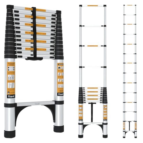 Equal 18 FT Portable & Compact Foldable Aluminium Telescopic Ladder | 2 Triangle Stabilizers | EN131 Certified | 2-Year Warranty | Heavy-Duty Ladder for Industrial & Commercial Use (5.5m / 14 Steps)