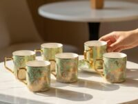 Femora Premium Peacock Motif with Leaves Pattern Coffee & Tea Cup | Finest Premium for Tea/Coffee/Hot Drinks | Set of 6 | Capacity- 180 ML |(Not Microwave Safe) Ceramic
