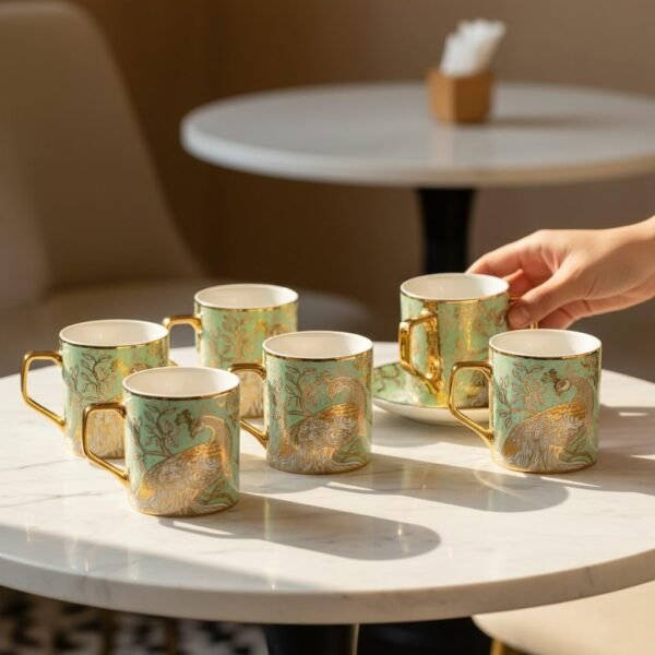 Femora Premium Peacock Motif with Leaves Pattern Coffee & Tea Cup | Finest Premium for Tea/Coffee/Hot Drinks | Set of 6 | Capacity- 180 ML |(Not Microwave Safe) Ceramic