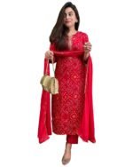 GoSriKi Viscose Printed Straight Kurta with Pant and Dupatta for Women | Viscose Wine | 3/4 Sleeve | Round Neck V-Slit | Ethnic Wear Casual Wear